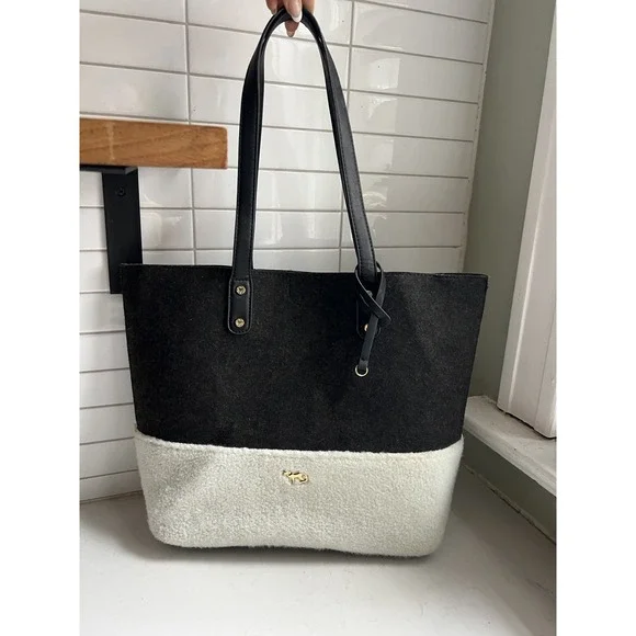 Emma Fox Caspian Shoulder Bag Tote Large Felt Sherpa Gray Cream Purse Trendy - Picture 5 of 9